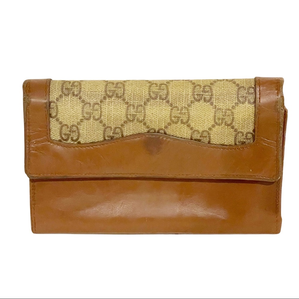 Gucci Vintage Brown Leather Cloth Wallet‎ Check Holder Snap Zipper